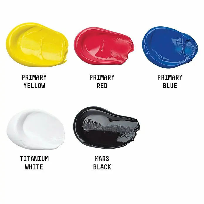 Liquitex Basics Acrylfarben-Set - Farbig sortiert, 5 Stk. x 75 ml, Tube - Farbpalette mit Primärfarben und Schwarz-Weiß-Tönen, ideal für Künstler und Hobbybastler zur Farbmischung und Gestaltung von Kunstwerken.