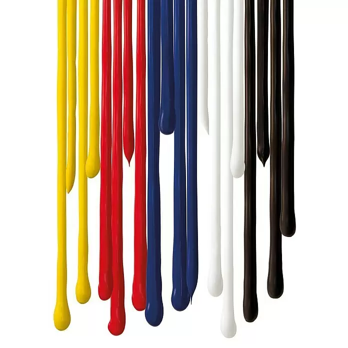 Liquitex Basics Acrylfarben-Set - Farbig sortiert, 5 Stk. x 75 ml, Tube - Dicke, glänzende gelbe, rote, blaue, weiße und schwarze Farbe tropft vertikal in langen Strängen mit runden Enden.