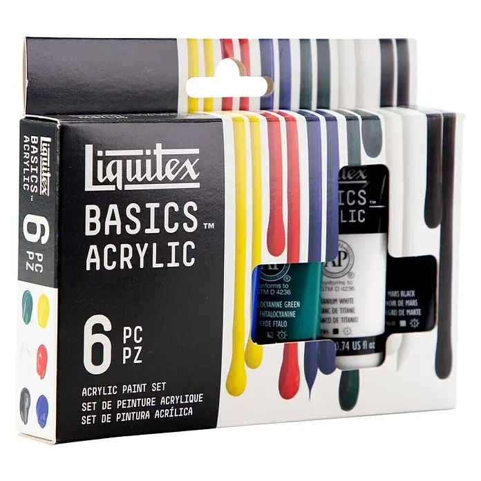 Liquitex Basics Acrylfarben-Set - Farbig sortiert, 6 Stk. x 22 ml, Tube - Liquitex Basics Acrylfarben Set mit 6 Farben. Ideal für Anfänger und Studenten. Enthält Grundfarben für viele Malprojekte.