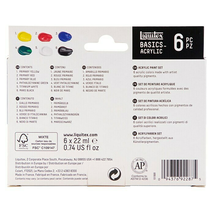 Liquitex Basics Acrylfarben-SetFarbig sortiert, 6 Stk. x 22 ml, Tube Back View