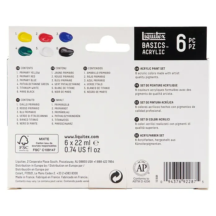 Liquitex Basics Acrylfarben-Set - Farbig sortiert, 6 Stk. x 22 ml, Tube - Liquitex Basics Acrylfarben Set: 6 hochwertige Farben für Künstler, ideal zum Malen und Gestalten.
