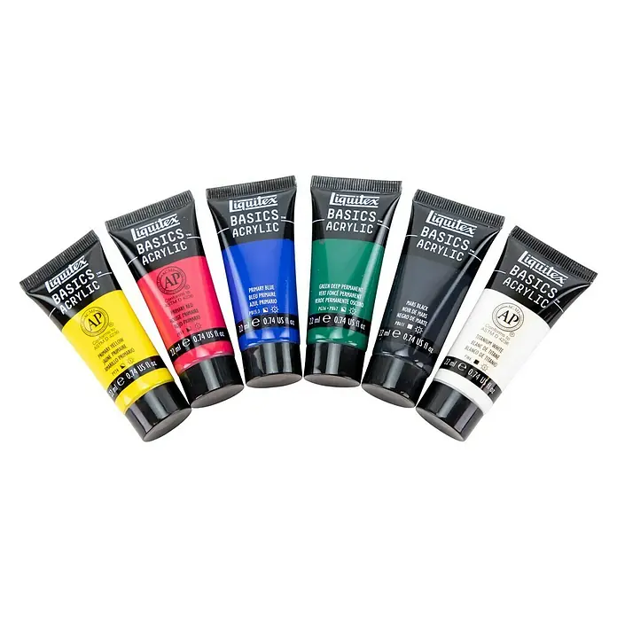 Liquitex Basics Acrylfarben-Set - Farbig sortiert, 6 Stk. x 22 ml, Tube - Eine Auswahl an Liquitex Basics Acrylfarben, die die Grundfarben für Künstler und Bastler in Tuben präsentieren.