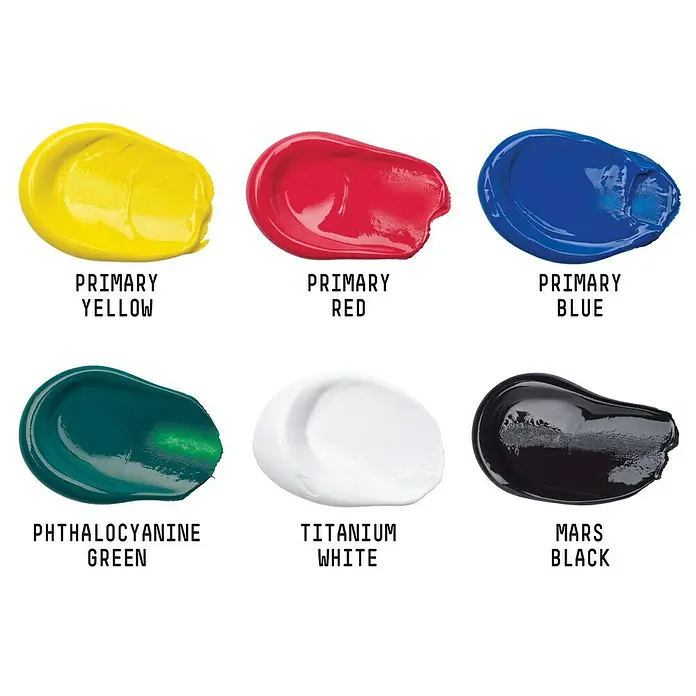 Liquitex Basics Acrylfarben-Set - Farbig sortiert, 6 Stk. x 22 ml, Tube - Verschiedene Farben von Ölfarben. Primärgelb, Primärrot, Primärblau, Phthalocyaningrün, Titanweiß und Marsschwarz in Klecksen.