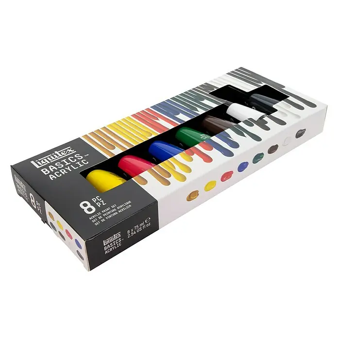 Liquitex Basics Acrylfarben-Set - Farbig sortiert, 8 Stk. x 75 ml, Tube - Eine Packung Liquitex Basics Acrylfarben, ein Set mit 8 Tuben in verschiedenen Farben, ideal für Künstler und Hobbybastler.