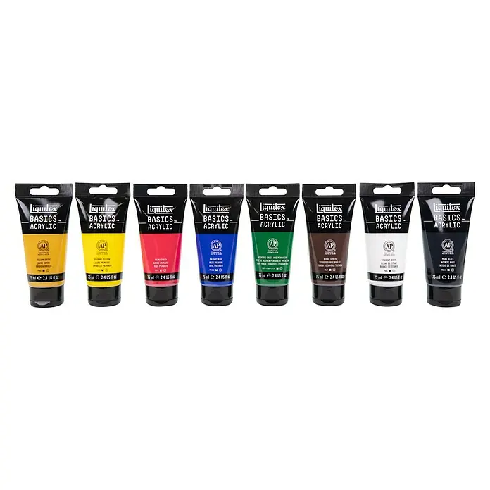Liquitex Basics Acrylfarben-Set - Farbig sortiert, 8 Stk. x 75 ml, Tube - Eine Reihe von Liquitex Basics Acrylfarben in verschiedenen Farben, ideal für Künstler und Hobbybastler.