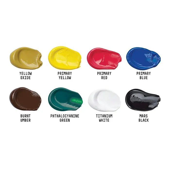 Liquitex Basics Acrylfarben-Set - Farbig sortiert, 8 Stk. x 75 ml, Tube - Farben: Verschiedene Ölfarben, darunter Gelb-Oxid, Primärgelb, Primärrot, Primärblau, gebrannte Umbra, Phthalocyaningrün, Titanweiß und Mars Schwarz.