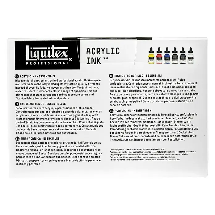 Liquitex Professional Zeichentinten-Set Essentials - Farbig sortiert, 6 Stk. x 30 ml, Flasche - Liquitex Acrylic Ink Set: Hochpigmentierte, ultra-flüssige Acrylfarben für Künstler. Ideal für lebendige und dauerhafte Kunstwerke.