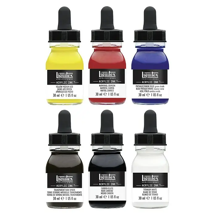 Liquitex Professional Zeichentinten-Set Essentials - Farbig sortiert, 6 Stk. x 30 ml, Flasche - Eine Nahaufnahme von sechs Flaschen Liquitex Professional Acrylfarben in Gelb, Rot, Blau, Braun, Schwarz und Weiß.
