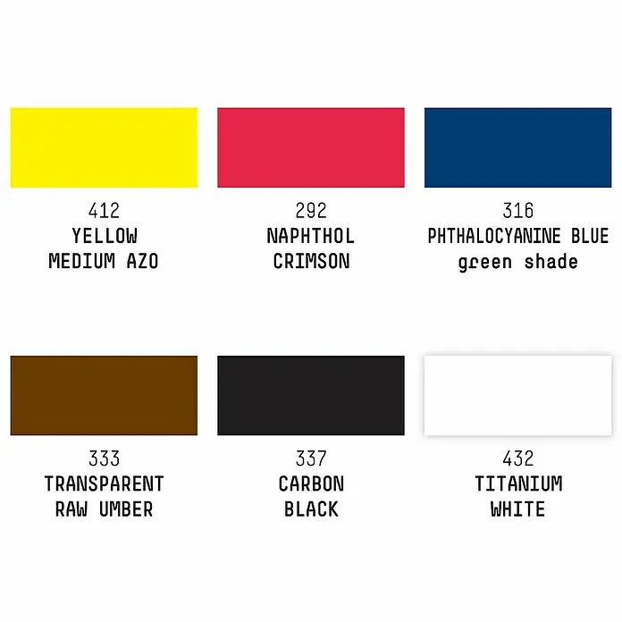 Liquitex Professional Zeichentinten-Set Essentials - Farbig sortiert, 6 Stk. x 30 ml, Flasche - Farbpalette mit Gelb Medium Azo, Naphthol Crimson, Phthalocyaninblau, Transparent Raw Umber, Carbon Black und Titanweiß.