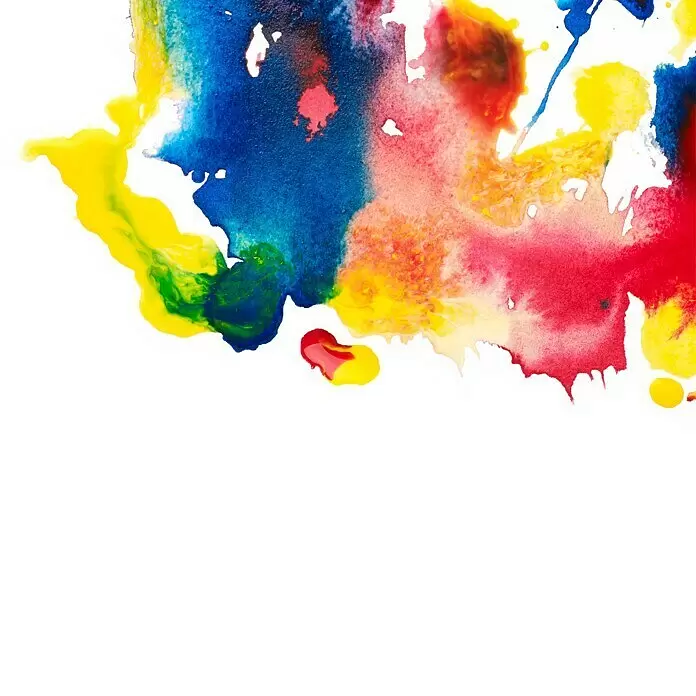 Liquitex Professional Zeichentinten-Set Essentials - Farbig sortiert, 6 Stk. x 30 ml, Flasche - Farbige Aquarellspritzer in Blau, Gelb und Rot, die ineinander übergehen und sich vermischen.