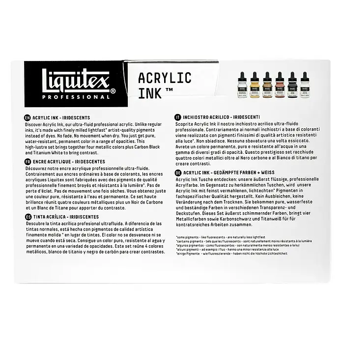 Liquitex Professional Zeichentinten-Set Irisierend - Farbig sortiert, 6 Stk. x 30 ml, Flasche - Liquitex Acrylic Ink: Hochpigmentierte, flüssige Acrylfarbe für Künstler. Vielseitig einsetzbar für leuchtende und dauerhafte Kunstwerke.