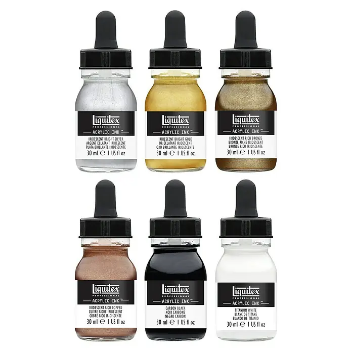 Liquitex Professional Zeichentinten-Set Irisierend - Farbig sortiert, 6 Stk. x 30 ml, Flasche - Eine Auswahl an Liquitex Professional Acrylfarben in verschiedenen schimmernden Farbtönen, darunter Silber, Gold, Bronze und Kupfer.