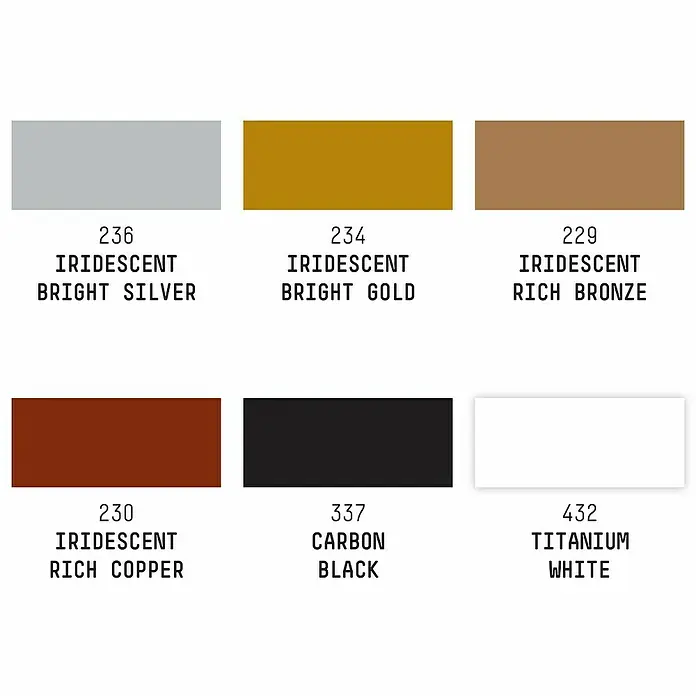 Liquitex Professional Zeichentinten-Set Irisierend - Farbig sortiert, 6 Stk. x 30 ml, Flasche - Farbpalette mit sechs Farbfeldern, darunter schimmerndes Silber, Gold, Bronze, Kupfer, Karbonschwarz und Titanweiß.