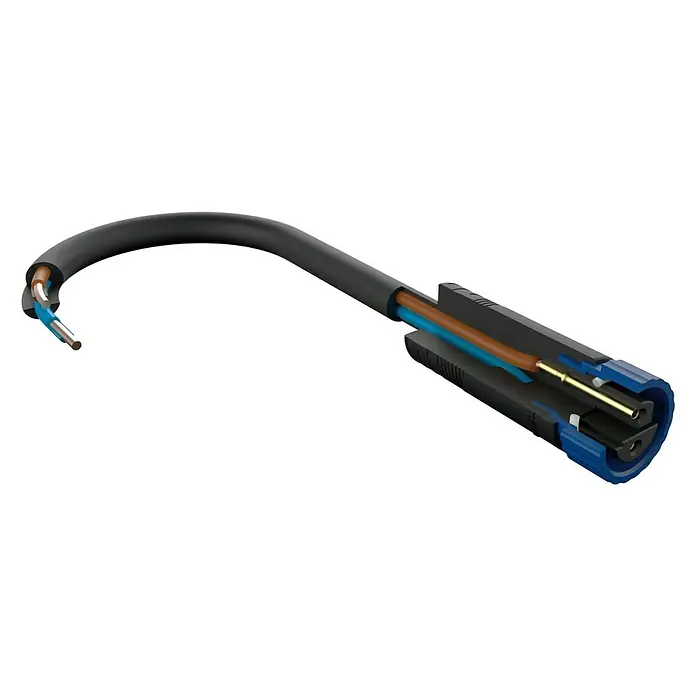 Paulmann Plug & Shine LED-Trafo - 24 V, IP44, Schwarz, Max. Leistung: 21 W - Nahaufnahme eines elektrischen Steckers mit freiliegenden Drähten, der die interne Konstruktion zeigt. Ideal für Elektriker und Heimwerker.