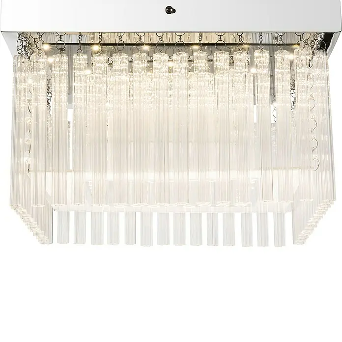 Globo LED-Deckenleuchte Vince - 21 W, L x B x H: 36 x 36 x 23 cm, Chrom, Klar, Kristall, Neutralweiß - Detailaufnahme einer modernen, rechteckigen Kristall-Deckenleuchte, die ein elegantes und helles Ambiente verspricht.