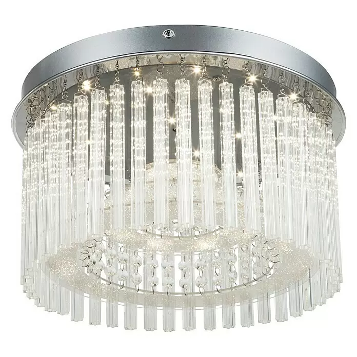Globo Plafón LED Joyce - 18 W, Cromo, Claro, Cristal, Blanco neutro - Lámpara de techo LED moderna con base empotrada plateada y varillas de cristal iluminadas y cristales colgantes brillantes.