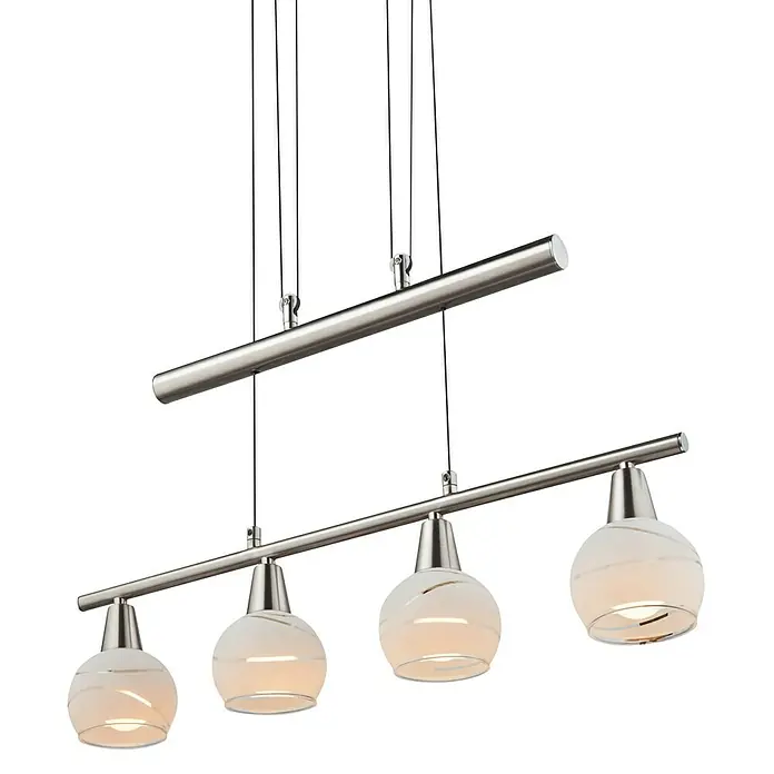 Globo Elliott LED-Pendelleuchte - Warmweiß, Höhe: 160 cm - Elegante Pendelleuchte mit vier Lampen und satinierten Gläsern an einer gebürsteten Nickelstange, ideal für moderne Essbereiche.