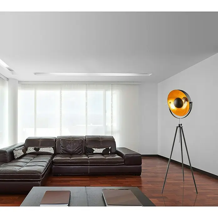 Globo Stehleuchte Lenn - Höhe: 179 cm - Elegante Stehlampe mit Tripod-Design und goldenem Reflektor. Ideal für Wohnräume, um ein warmes, einladendes Licht zu erzeugen.