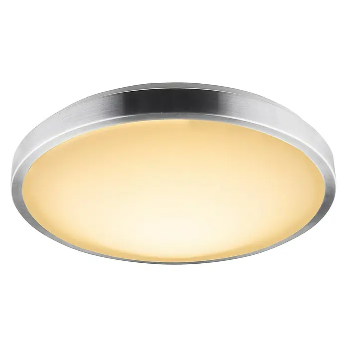 Lavida LED-Deckenleuchte rund Forli - 18 W, Ø x H: 350 mm x 10 cm, Weiß - Nahaufnahme einer runden Deckenleuchte mit warmweißem Licht und einem schlichten, silberfarbenen Rahmen. Perfekt für moderne Innenräume.