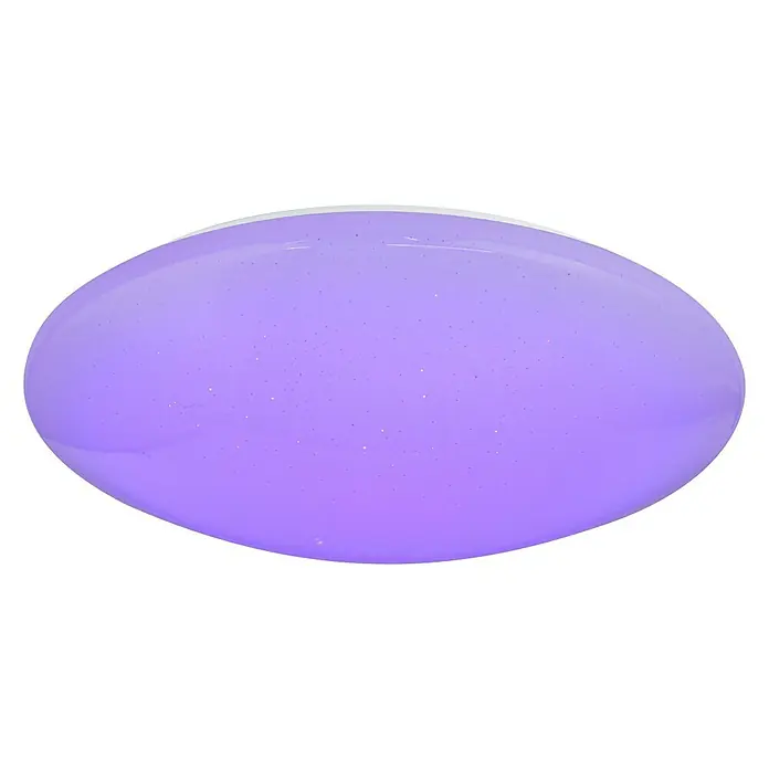 Lavida LED-Deckenleuchte rund Marano - 48 W, Ø x H: 490 mm x 12 cm, Weiß - Nahaufnahme einer modernen, ovalen Deckenleuchte mit glitzerndem, violettem Schirm und weißem Rand auf schwarzem Hintergrund.