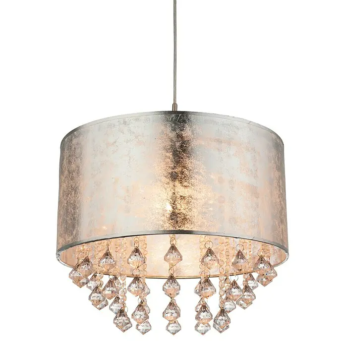 Globo Amy Pendelleuchte - Höhe: 140 cm, Silbermetallic - Elegante silberfarbene Hängeleuchte mit dekorativen Kristallanhängern, die jedem Raum einen Hauch von Glamour verleiht und für stimmungsvolle Beleuchtung sorgt.