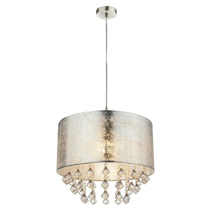 Globo Amy Pendelleuchte - Höhe: 140 cm, Silbermetallic - Elegante silberne Hängeleuchte mit Kristallverzierungen. Die Leuchte hat einen schimmernden Lampenschirm und sorgt für ein stilvolles Ambiente.