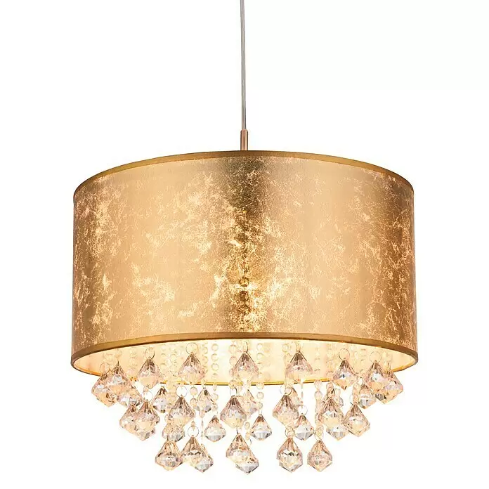 Globo Amy Pendelleuchte - Höhe: 140 cm, Gold - Goldene Pendelleuchte mit strukturiertem Schirm und klaren Kristalltropfen.