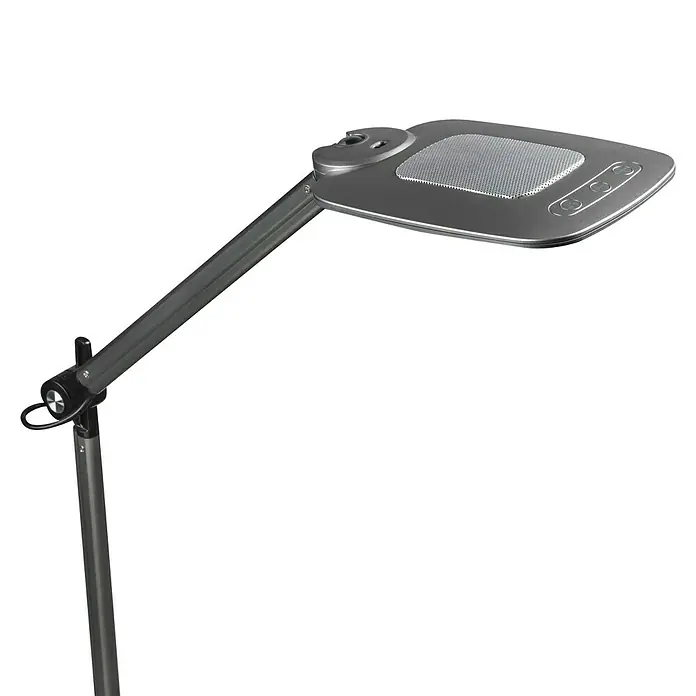 Globo Tischleuchte Pattaya - 10 W, L x B x H: 49 x 17,9 x 96 cm, Grau, Schwarz - Die moderne Stehleuchte mit verstellbarem Arm und integriertem Lautsprecher sorgt für optimales Licht und angenehme Musik.