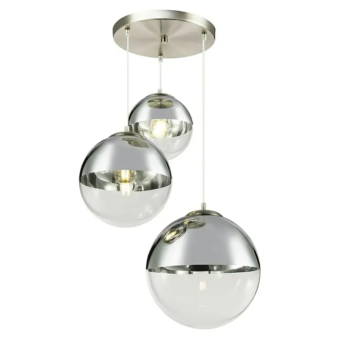 Globo Lámpara colgante Varus - Altura: 120 cm, Plata, 3 ud. - Lámpara colgante con tres pantallas esféricas, medio espejo, para una iluminación moderna en la habitación.