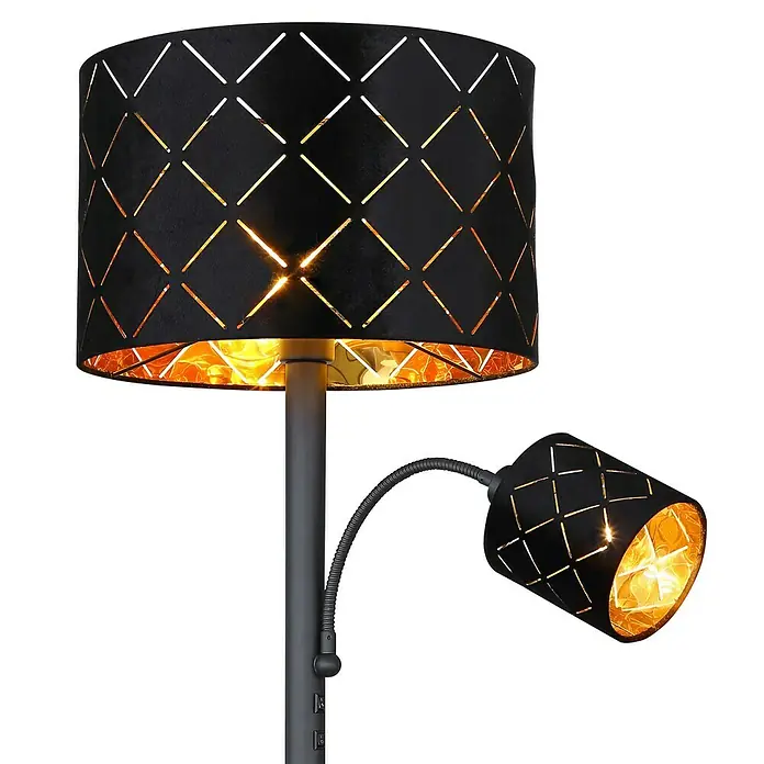 Globo Lámpara de pie Sunna - Altura: 162 cm - Elegante lámpara de pie con dos pantallas negras con interior dorado, que emite una luz cálida. Un toque de estilo para cualquier habitación.
