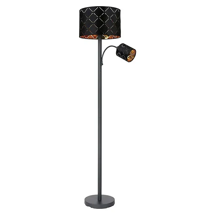 Globo Lámpara de pie Sunna - Altura: 162 cm - Elegante lámpara de pie negra con interior dorado, creando un ambiente cálido. Su diseño moderno es llamativo y funcional.
