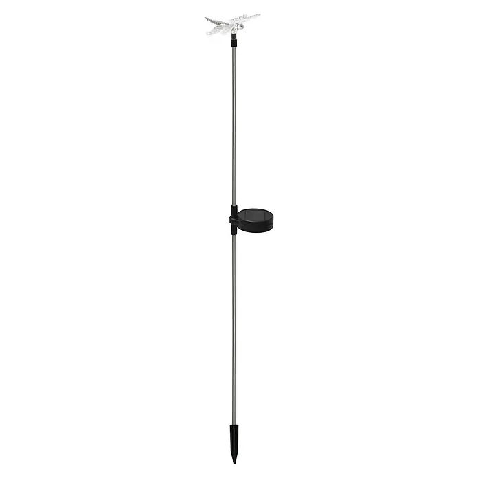 BAUHAUS Lámpara decorativa solar Libélula - 0,05 W, L x An x Al: 8 x 8 x 60 cm, Claro, IP44 - Un soporte plateado con una bandeja transparente en la parte superior y un soporte redondo negro en el medio.