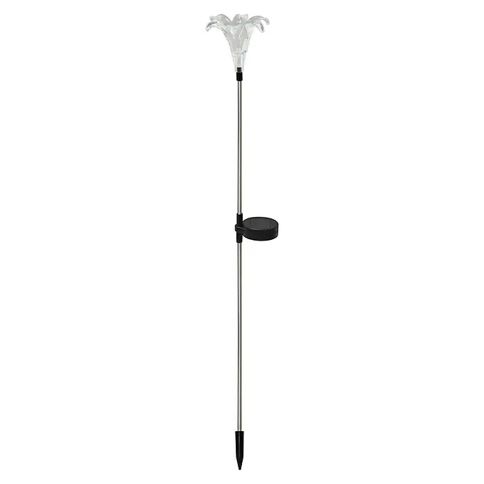 BAUHAUS Lámpara decorativa solar Flor - 0,05 W, L x An x Al: 8 x 8 x 60 cm, Claro, IP44 - Una luz solar de jardín en forma de flor, con una cabeza floral transparente y un tallo esbelto de color plateado.