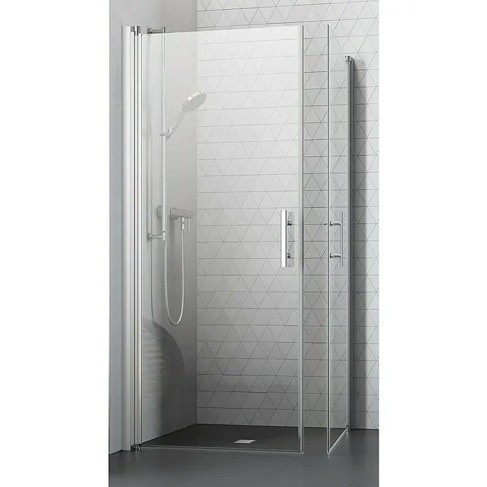 Camargue Vario Eckdusche S1+S175 x 75 x 195 cm, Beschichtet, Stärke: 6 mm, Silber - Bild eines modernen Duschbereichs mit einer klaren Glasabtrennung, Chrombeschlägen und einem dunklen Duschboden. Elegantes Baddesign.