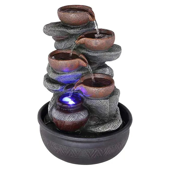 Globo Zimmerbrunnen Fontana - Ø x H: 25 x 40 cm, Kunststoff - Ein dekorativer Zimmerbrunnen mit rustikalen Schalen und LED-Beleuchtung sorgt für Entspannung.