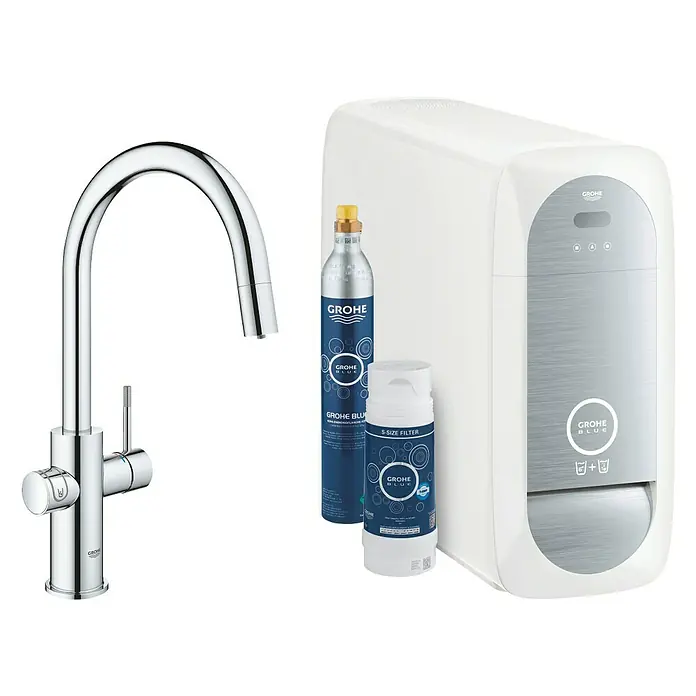 Grohe Spültischarmatur Blue Home - Höhe: 41,9 cm, C-Auslauf, Chrom, Glänzend, Schwenkbar - Das Grohe Blue Wassersystem für gefiltertes, gekühltes und sprudelndes Wasser mit Armatur, Filter und CO2-Flasche.