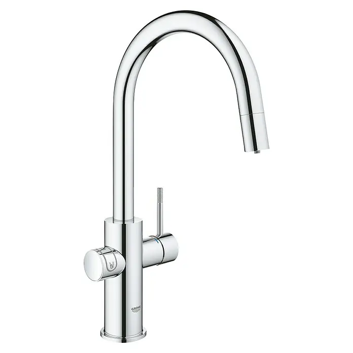 Grohe Spültischarmatur Blue Home - Höhe: 41,9 cm, C-Auslauf, Chrom, Glänzend, Schwenkbar - Bild eines GROHE Essence Küchenmischers in glänzendem Chrom, der modernes Design und Funktionalität vereint.\n