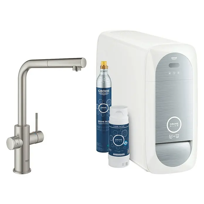 Grohe Spültischarmatur Blue Home - Höhe: 36,8 cm, L-Auslauf, Supersteel, Matt, Schwenkbar - Das Grohe Blue Wassersystem mit Armatur, Filter und CO2-Flasche für gefiltertes und sprudelndes Wasser direkt aus der Küchenarmatur.
