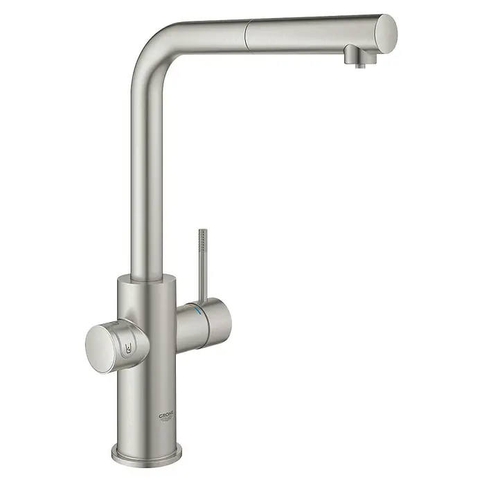 Grohe Spültischarmatur Blue Home - Höhe: 36,8 cm, L-Auslauf, Supersteel, Matt, Schwenkbar - Das Bild zeigt eine hochwertige Grohe Küchenarmatur mit herausziehbarer Brause, die durch ihr modernes Design und ihre Funktionalität besticht.