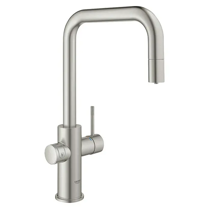Grohe Spültischarmatur Blue Home - Höhe: 39,3 cm, U-Auslauf, Supersteel, Matt, Schwenkbar - Diese Aufnahme zeigt einen hochwertigen Grohe Wasserhahn, der durch sein modernes Design und die gebürstete Oberfläche besticht.