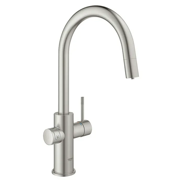 Grohe Spültischarmatur Blue Home - Höhe: 41,9 cm, C-Auslauf, Supersteel, Matt, Schwenkbar - Ein eleganter Wasserhahn von Grohe in gebürstetem Edelstahl, der Stil und Funktionalität in jeder modernen Küche vereint.