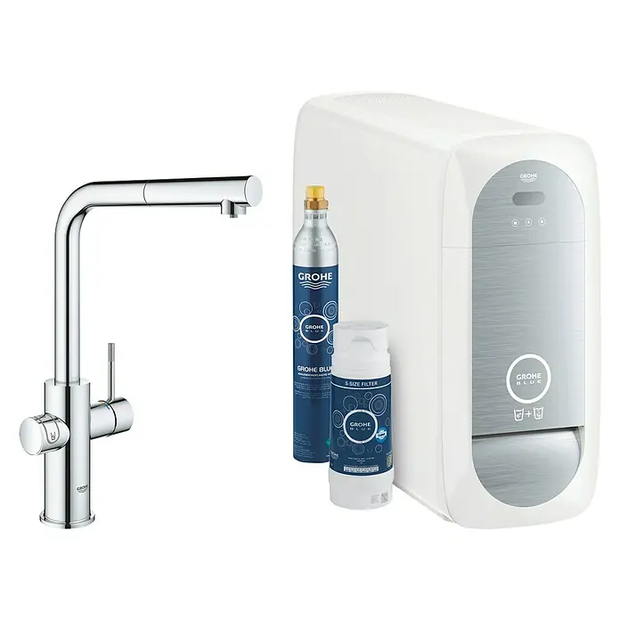 Grohe Spültischarmatur Blue Home - Höhe: 36,8 cm, L-Auslauf, Chrom, Glänzend, Schwenkbar - Das GROHE Blue Wassersystem mit Armatur, Filter und CO2-Flasche für gefiltertes und sprudelndes Wasser direkt aus dem Wasserhahn.