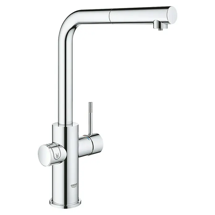 Grohe Spültischarmatur Blue Home - Höhe: 36,8 cm, L-Auslauf, Chrom, Glänzend, Schwenkbar - Bild einer glänzenden Grohe Küchenarmatur mit hohem Auslauf und seitlichem Hebel zur präzisen Steuerung der Wassertemperatur.