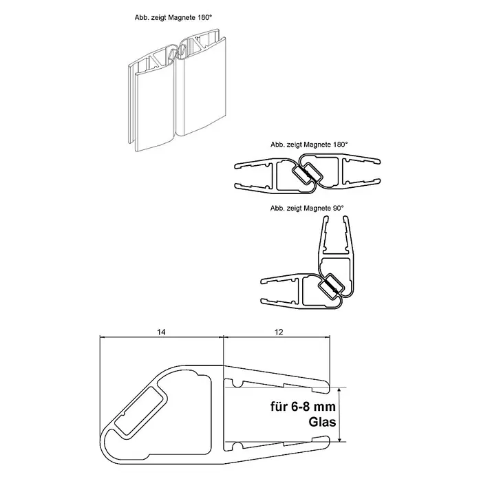Camargue Magnetleisten-Set Vario/Air 2.0 - Kunststoff, Schwarz, Länge: 200 cm - Abbildung eines magnetischen Dichtungsprofils für 6-8 mm Glas, mit Maßangaben und verschiedenen Winkelansichten zur Montage.