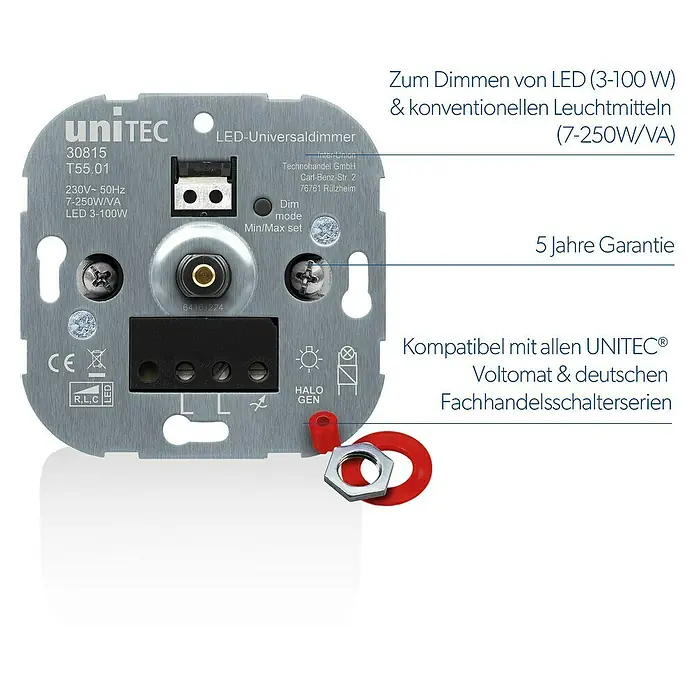 UniTEC LED-Dimmer - Kunststoff - uniTEC LED-Universaldimmer für LEDs (3-100 W) & konventionelle Leuchtmittel (7-250W/VA) mit 5 Jahren Garantie, kompatibel mit UNITEC® Voltomat.