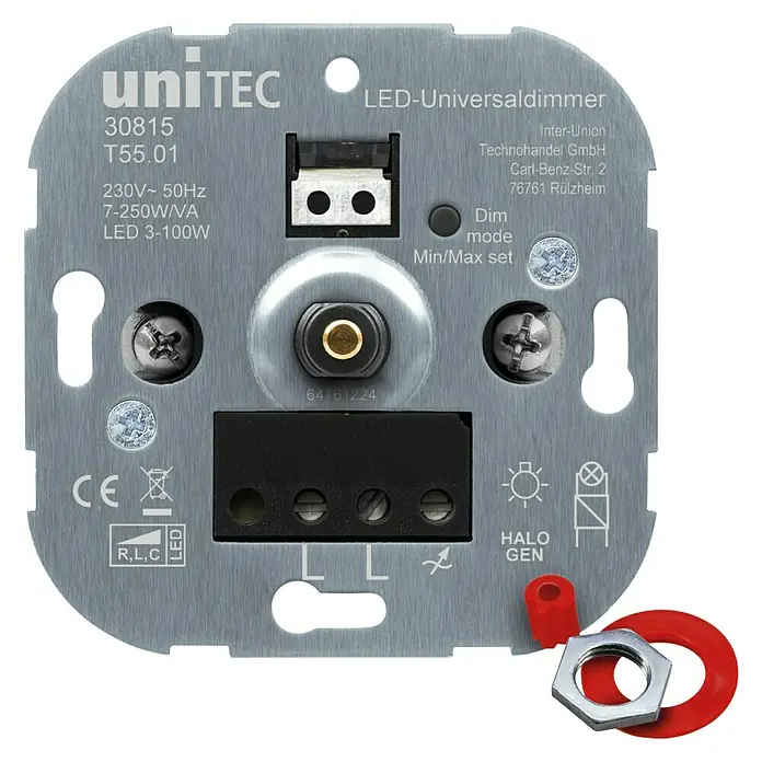 UniTEC LED-Dimmer - Kunststoff - Nahaufnahme eines UniTEC LED-Universaldimmers mit technischen Details und Anschlüssen.
