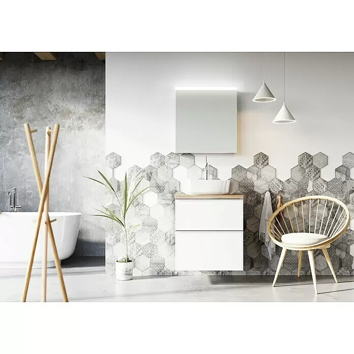 Riva Look LED-Spiegelschrank - B x H: 60,6 x 64,8 cm, Mit Beleuchtung - Moderner weißer Badschrank mit Holzplatte und weißem Waschbecken, in einem gefliesten Badezimmer.