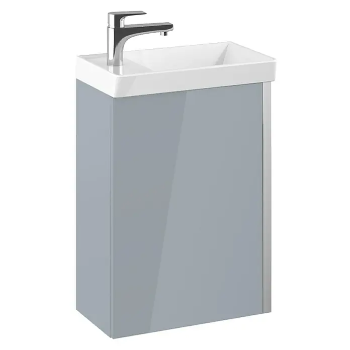 Riva Badmöbel-Set Joy - Gesamtbreite Badmöbel: 45,5 cm, Grau, Hochglänzend, 3 -tlg. - Modernes Waschbecken mit Unterschrank in Grau und Weiß. Die Armatur ist aus Chrom und das Design ist schlicht und elegant.
