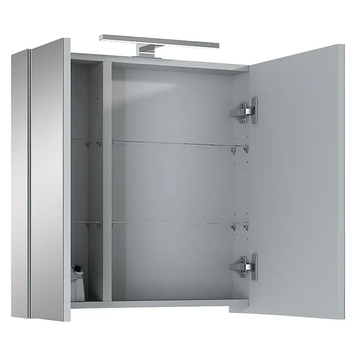 Riva Vulcano LED-Spiegelschrank - 60,6 x 13 x 61,8 cm, Mit Beleuchtung - Ein offener Spiegelschrank mit Regalböden und einer Leuchte oben für das Badezimmer. Viel Stauraum und modernes Design.