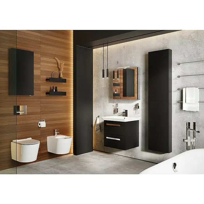 Riva Vulcano LED-Spiegelschrank - 60,6 x 13 x 61,8 cm, Mit Beleuchtung - Modernes Badezimmer mit WC, Bidet und Waschtisch in Schwarz, ergänzt durch Holzdetails für ein stilvolles Ambiente.